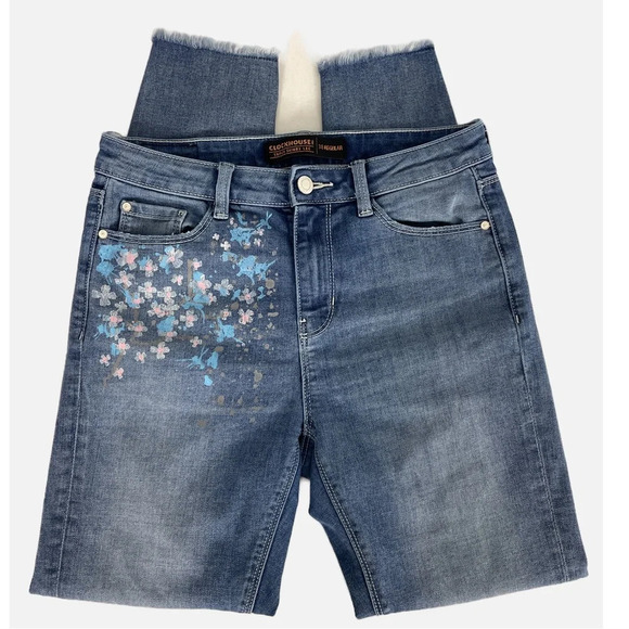 Clockhouse Super Skinny Jeans Distressed Faded Frayed Small Blue Painted Floral - Picture 14 of 14